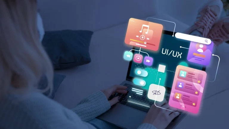 A student learning a UX/UI design course on a laptop with interactive interface elements, user experience visuals, and modern UI components.